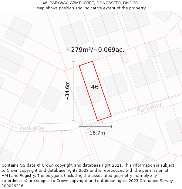 46, PARKWAY, ARMTHORPE, DONCASTER, DN3 3RL: Plot and title map