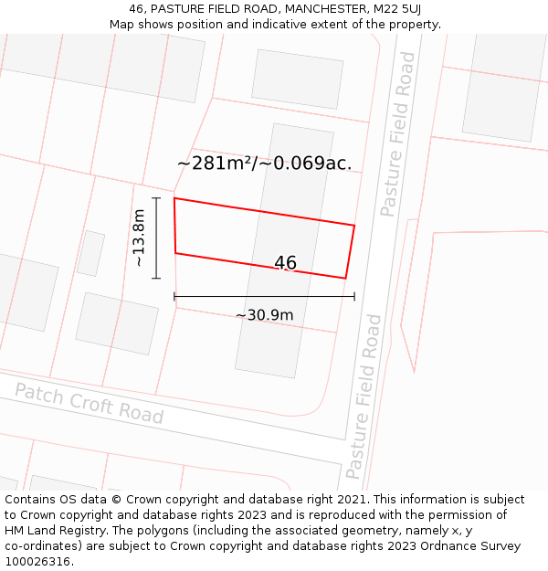 46, PASTURE FIELD ROAD, MANCHESTER, M22 5UJ: Plot and title map