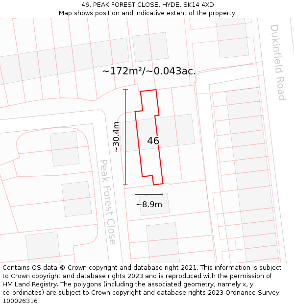 46, PEAK FOREST CLOSE, HYDE, SK14 4XD: Plot and title map
