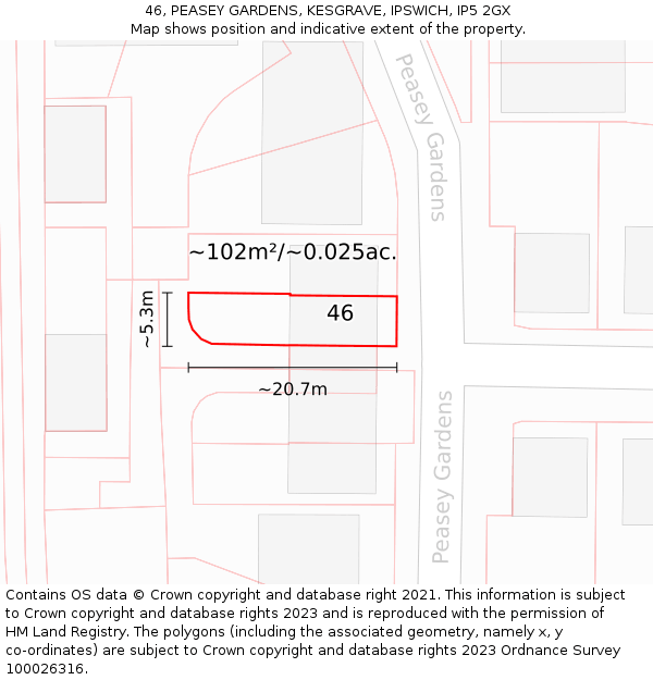 46, PEASEY GARDENS, KESGRAVE, IPSWICH, IP5 2GX: Plot and title map