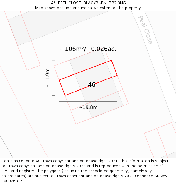 46, PEEL CLOSE, BLACKBURN, BB2 3NG: Plot and title map