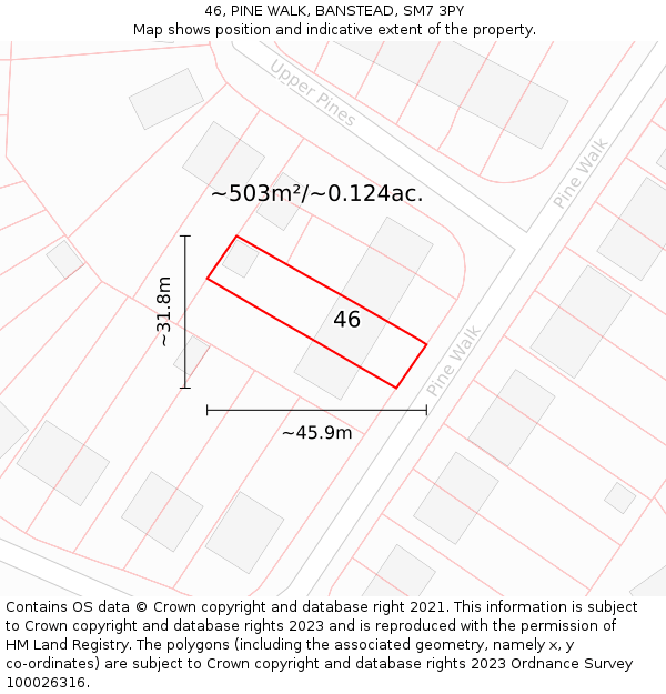 46, PINE WALK, BANSTEAD, SM7 3PY: Plot and title map
