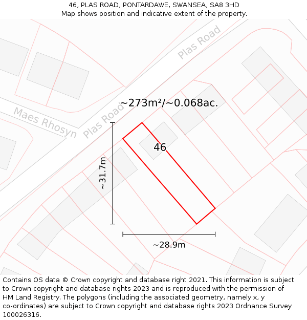 46, PLAS ROAD, PONTARDAWE, SWANSEA, SA8 3HD: Plot and title map