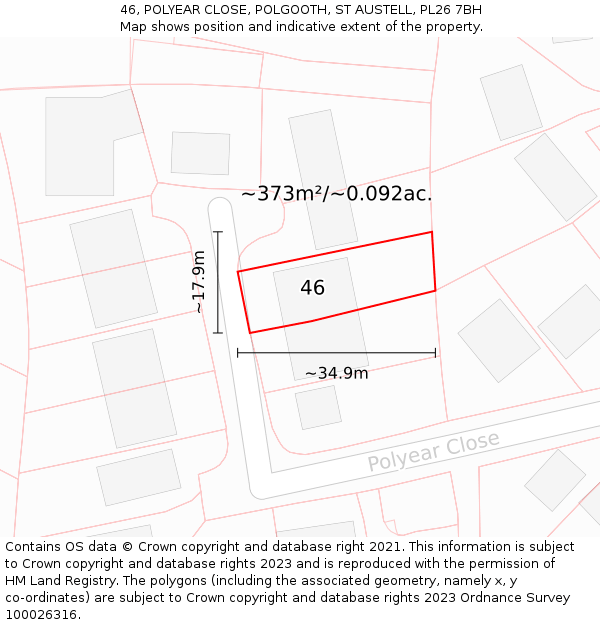 46, POLYEAR CLOSE, POLGOOTH, ST AUSTELL, PL26 7BH: Plot and title map
