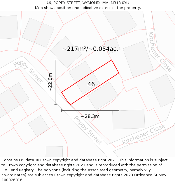 46, POPPY STREET, WYMONDHAM, NR18 0YU: Plot and title map