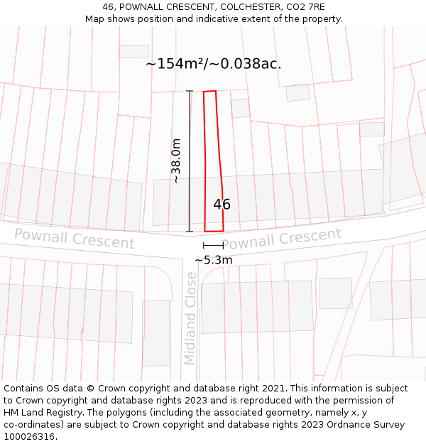46, POWNALL CRESCENT, COLCHESTER, CO2 7RE: Plot and title map