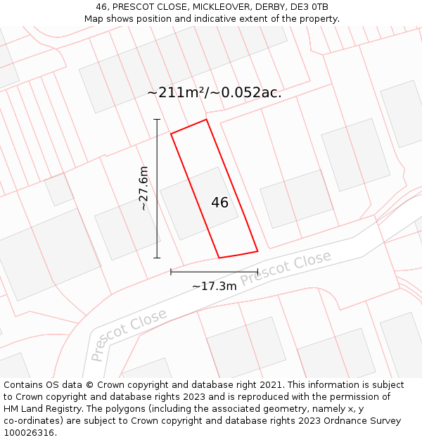 46, PRESCOT CLOSE, MICKLEOVER, DERBY, DE3 0TB: Plot and title map