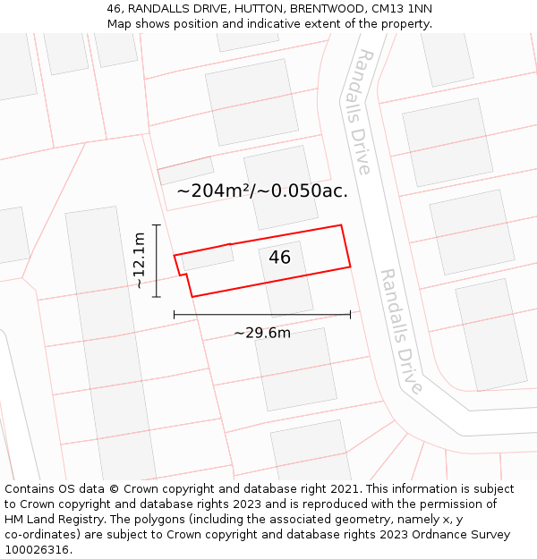 46, RANDALLS DRIVE, HUTTON, BRENTWOOD, CM13 1NN: Plot and title map