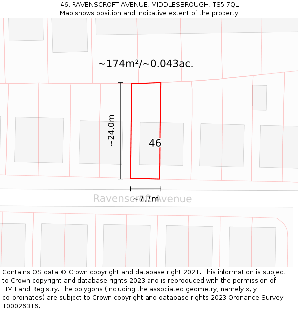 46, RAVENSCROFT AVENUE, MIDDLESBROUGH, TS5 7QL: Plot and title map