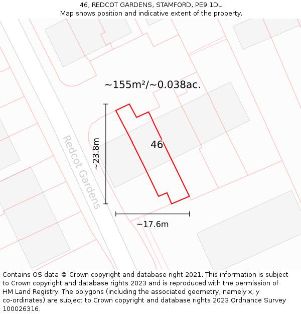 46, REDCOT GARDENS, STAMFORD, PE9 1DL: Plot and title map