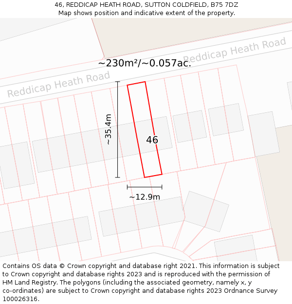 46, REDDICAP HEATH ROAD, SUTTON COLDFIELD, B75 7DZ: Plot and title map