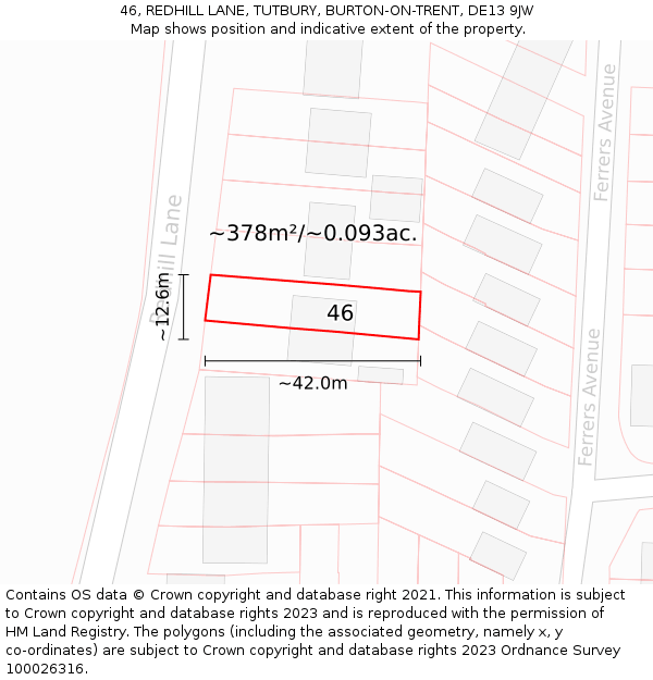 46, REDHILL LANE, TUTBURY, BURTON-ON-TRENT, DE13 9JW: Plot and title map