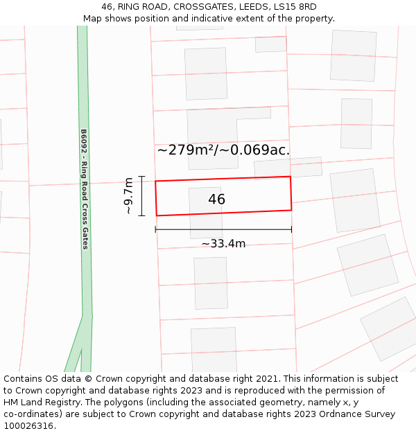 46, RING ROAD, CROSSGATES, LEEDS, LS15 8RD: Plot and title map