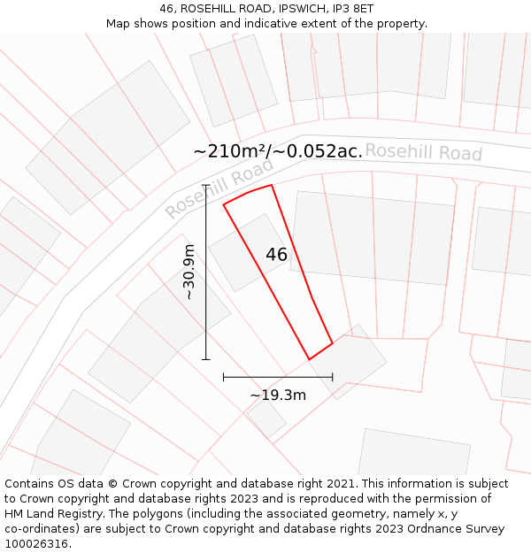 46, ROSEHILL ROAD, IPSWICH, IP3 8ET: Plot and title map