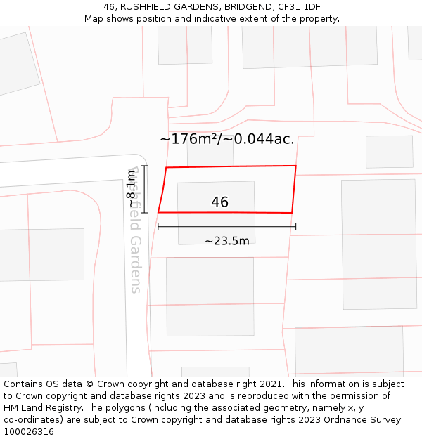 46, RUSHFIELD GARDENS, BRIDGEND, CF31 1DF: Plot and title map