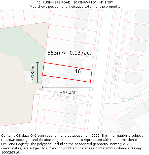 46, RUSHMERE ROAD, NORTHAMPTON, NN1 5RY: Plot and title map