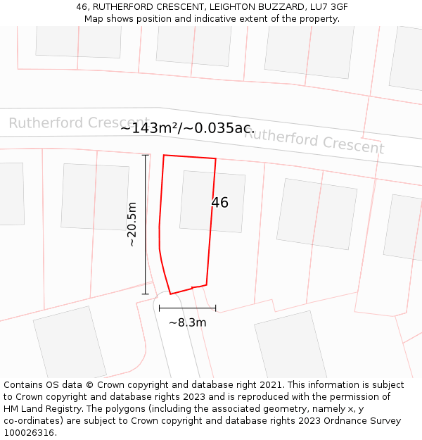 46, RUTHERFORD CRESCENT, LEIGHTON BUZZARD, LU7 3GF: Plot and title map