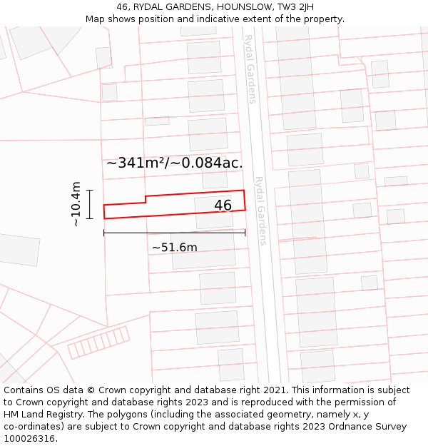 46, RYDAL GARDENS, HOUNSLOW, TW3 2JH: Plot and title map