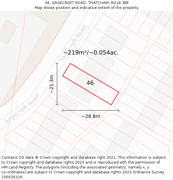 46, SAGECROFT ROAD, THATCHAM, RG18 3BF: Plot and title map