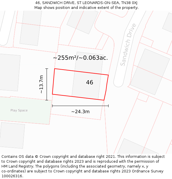 46, SANDWICH DRIVE, ST LEONARDS-ON-SEA, TN38 0XJ: Plot and title map