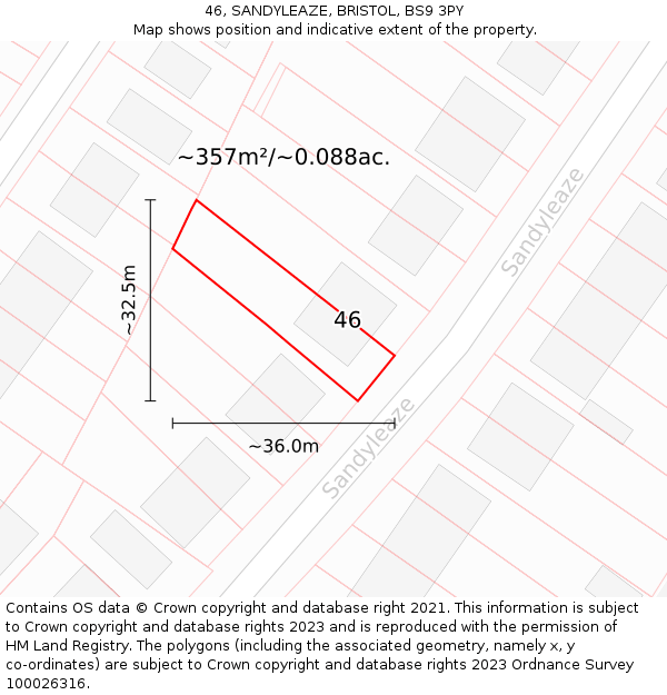 46, SANDYLEAZE, BRISTOL, BS9 3PY: Plot and title map