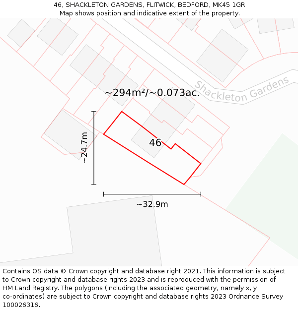 46, SHACKLETON GARDENS, FLITWICK, BEDFORD, MK45 1GR: Plot and title map