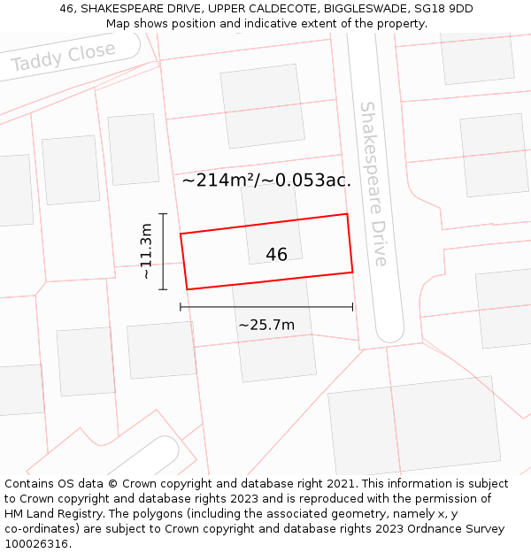 46, SHAKESPEARE DRIVE, UPPER CALDECOTE, BIGGLESWADE, SG18 9DD: Plot and title map