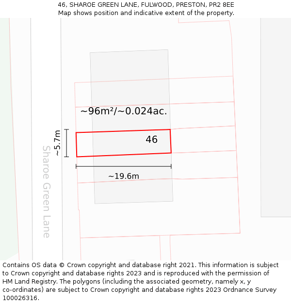 46, SHAROE GREEN LANE, FULWOOD, PRESTON, PR2 8EE: Plot and title map