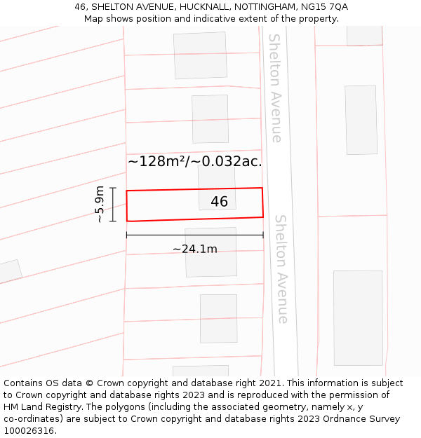46, SHELTON AVENUE, HUCKNALL, NOTTINGHAM, NG15 7QA: Plot and title map