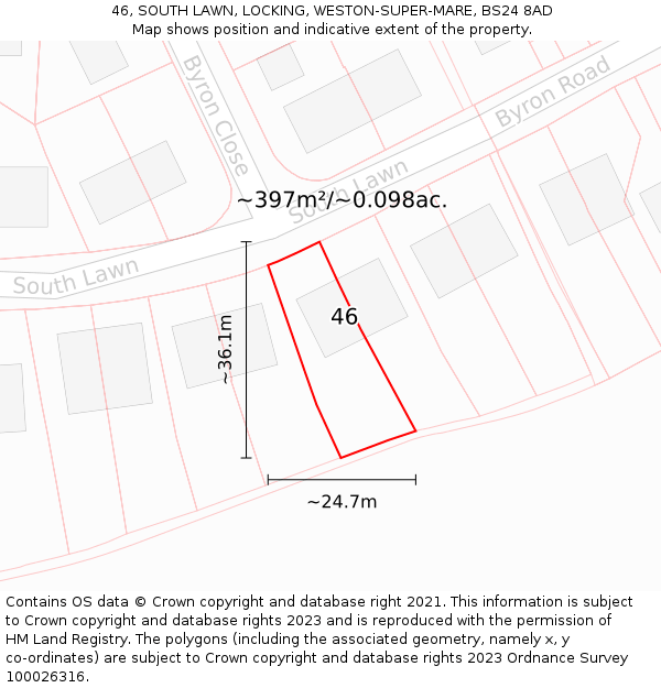 46, SOUTH LAWN, LOCKING, WESTON-SUPER-MARE, BS24 8AD: Plot and title map