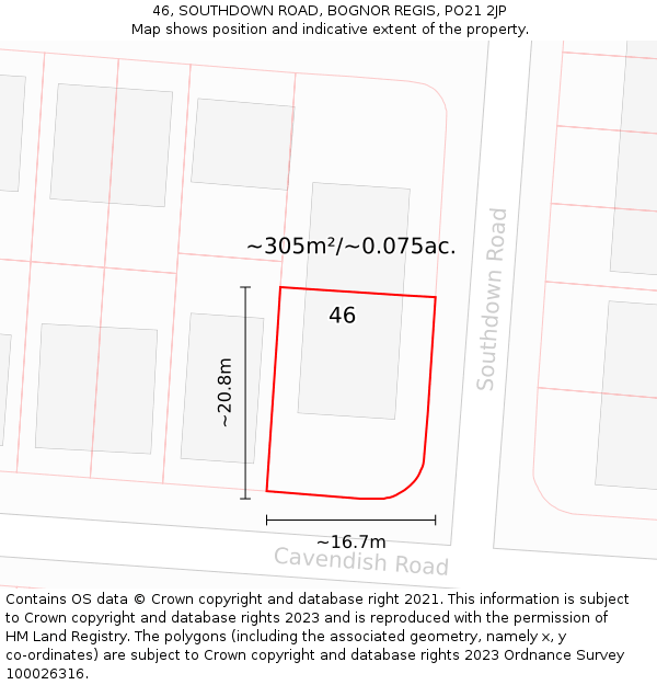 46, SOUTHDOWN ROAD, BOGNOR REGIS, PO21 2JP: Plot and title map