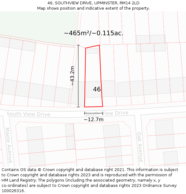 46, SOUTHVIEW DRIVE, UPMINSTER, RM14 2LD: Plot and title map
