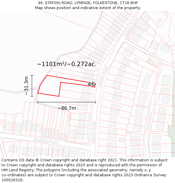 46, STATION ROAD, LYMINGE, FOLKESTONE, CT18 8HP: Plot and title map