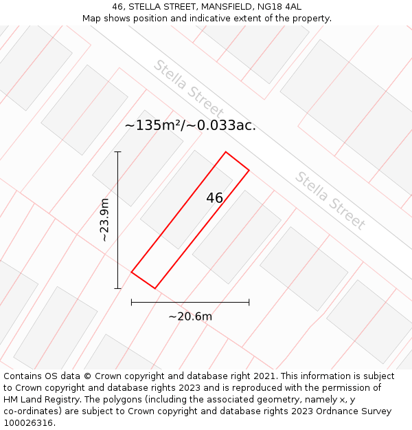 46, STELLA STREET, MANSFIELD, NG18 4AL: Plot and title map