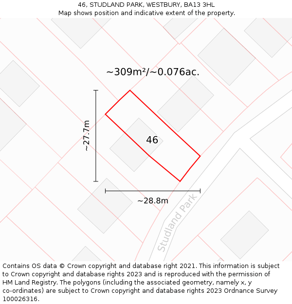46, STUDLAND PARK, WESTBURY, BA13 3HL: Plot and title map
