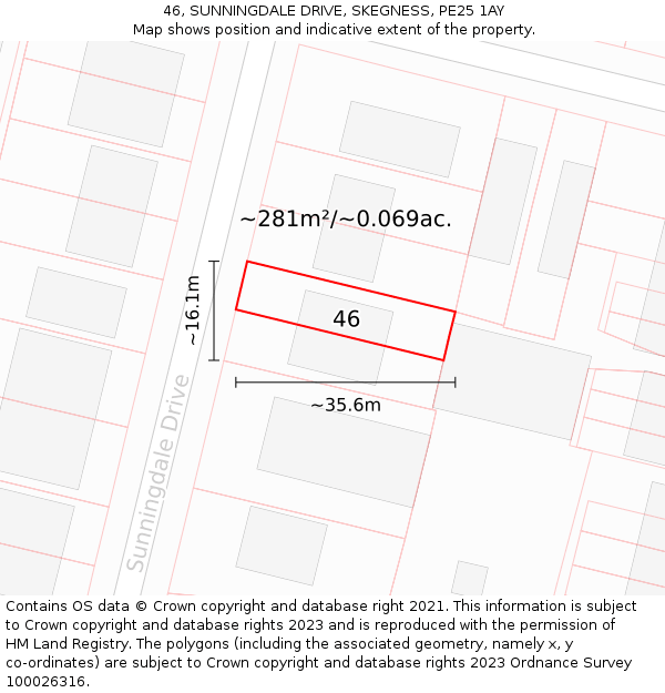 46, SUNNINGDALE DRIVE, SKEGNESS, PE25 1AY: Plot and title map