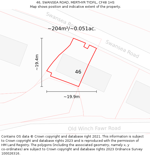 46, SWANSEA ROAD, MERTHYR TYDFIL, CF48 1HS: Plot and title map