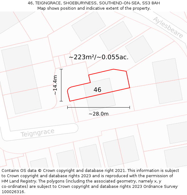 46, TEIGNGRACE, SHOEBURYNESS, SOUTHEND-ON-SEA, SS3 8AH: Plot and title map