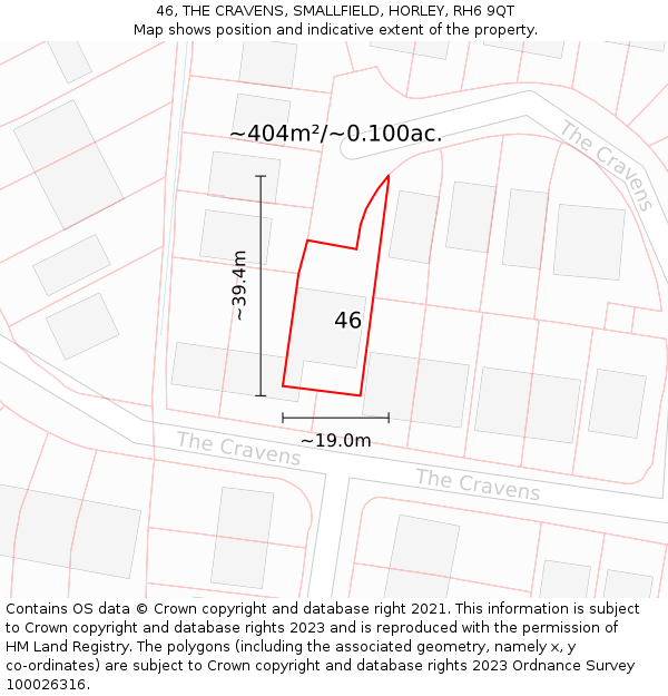 46, THE CRAVENS, SMALLFIELD, HORLEY, RH6 9QT: Plot and title map