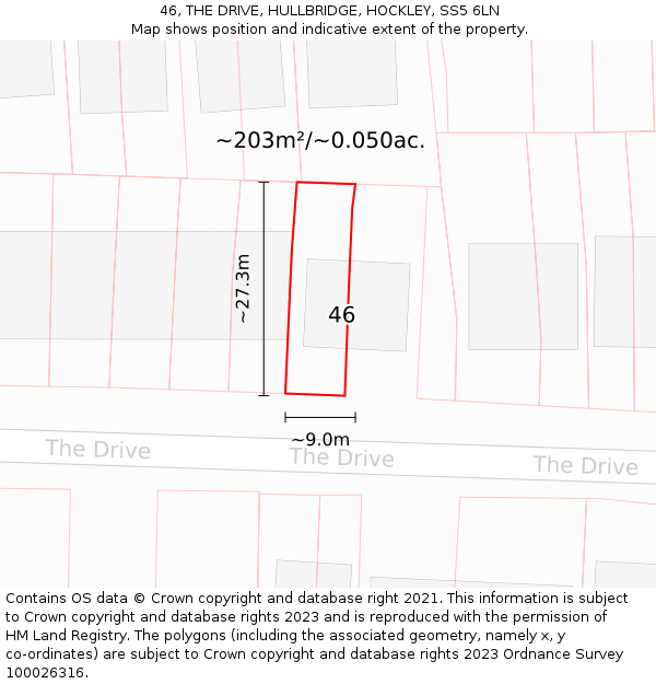 46, THE DRIVE, HULLBRIDGE, HOCKLEY, SS5 6LN: Plot and title map