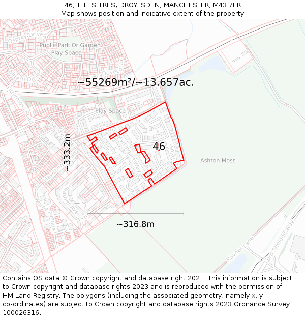 46, THE SHIRES, DROYLSDEN, MANCHESTER, M43 7ER: Plot and title map
