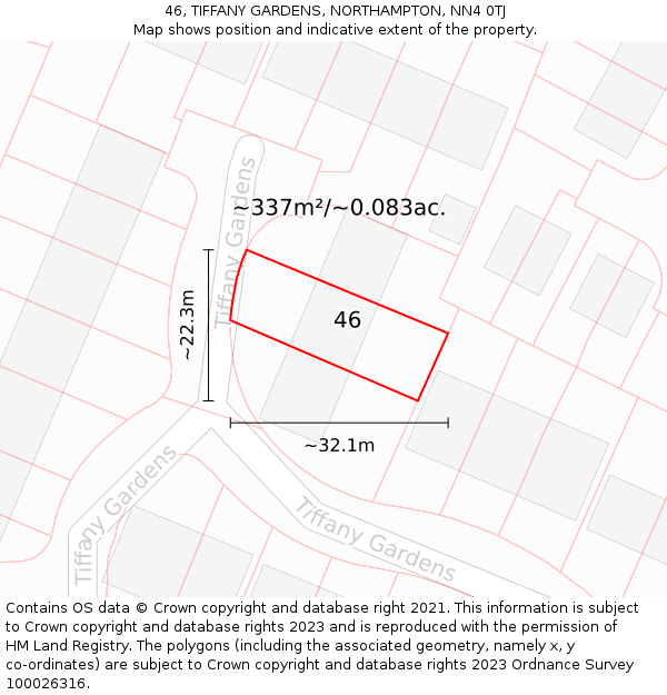 46, TIFFANY GARDENS, NORTHAMPTON, NN4 0TJ: Plot and title map