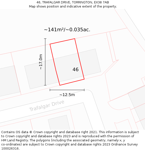 46, TRAFALGAR DRIVE, TORRINGTON, EX38 7AB: Plot and title map