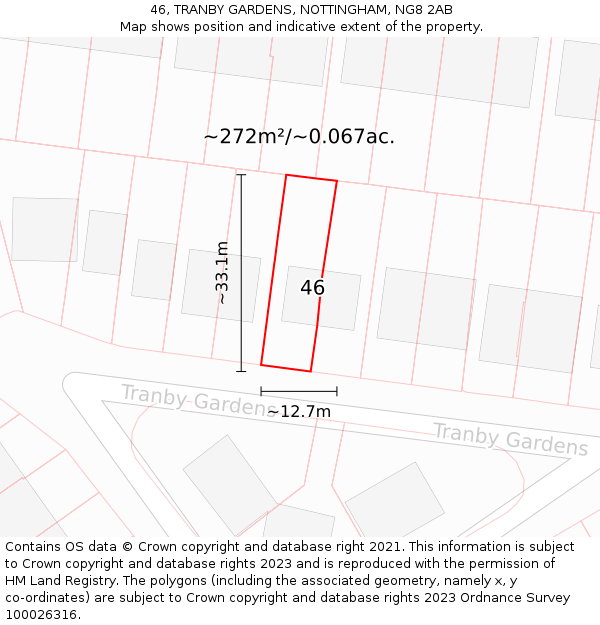 46, TRANBY GARDENS, NOTTINGHAM, NG8 2AB: Plot and title map