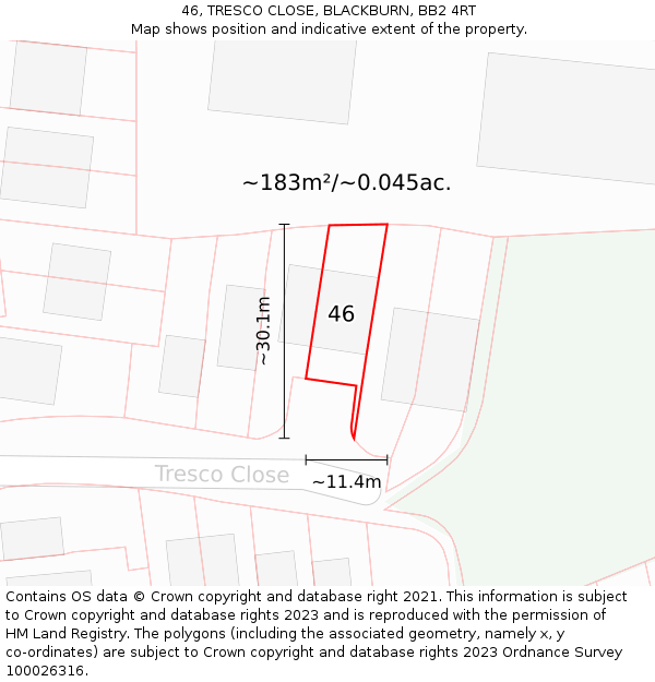 46, TRESCO CLOSE, BLACKBURN, BB2 4RT: Plot and title map