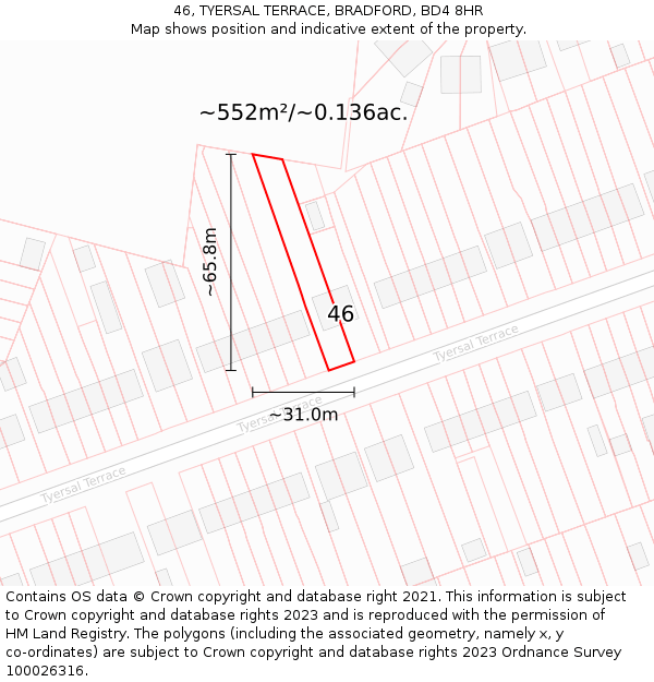 46, TYERSAL TERRACE, BRADFORD, BD4 8HR: Plot and title map