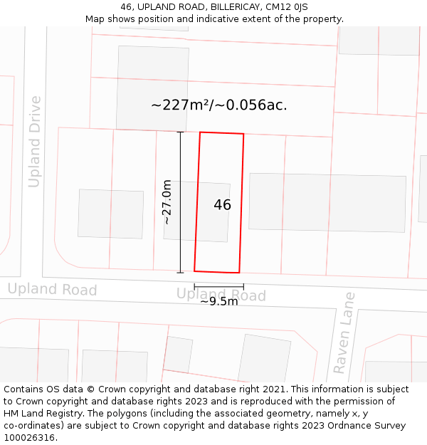 46, UPLAND ROAD, BILLERICAY, CM12 0JS: Plot and title map