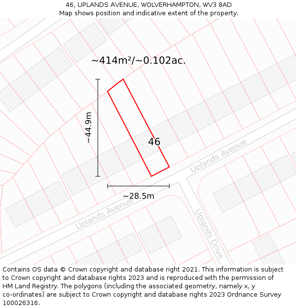 46, UPLANDS AVENUE, WOLVERHAMPTON, WV3 8AD: Plot and title map