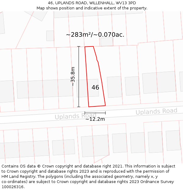 46, UPLANDS ROAD, WILLENHALL, WV13 3PD: Plot and title map