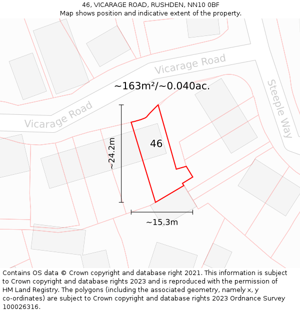 46, VICARAGE ROAD, RUSHDEN, NN10 0BF: Plot and title map